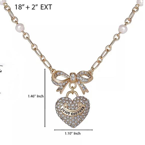 NIB JUICY COUTURE Gold Rhinestone Heart Bow Pearl Pendant Necklace 18”+2” GIFT - Picture 9 of 15